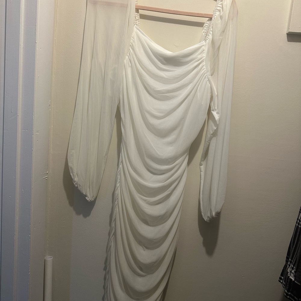 Gold Ruched Off the Shoulder Midi Dress